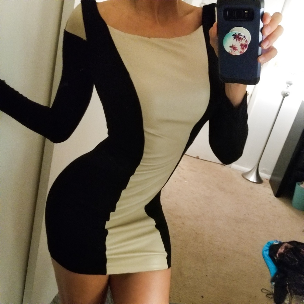 Akira tan leather black illusion stretch dress s